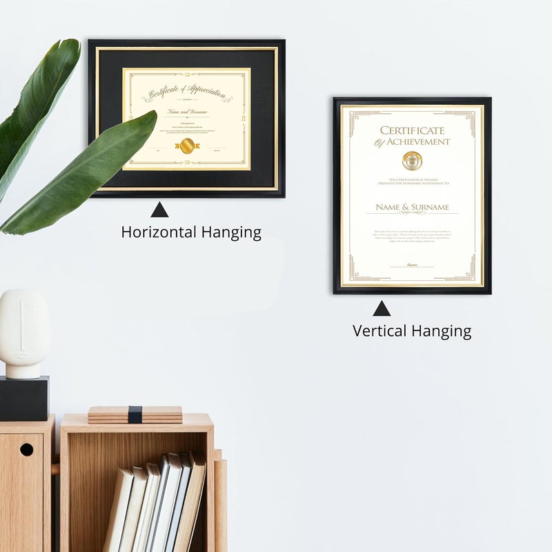 Hodeframe 11x14 Document Frame with (Black/Gold) Double Mat or 8x10 Without Mat for Certificate/Diploma/Picture,Solid Wood Degree Frame, Real Glass，Wall Display and Tabletop - Image 2